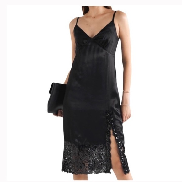 MICHAEL KORS Women's Black Slitted Lace Sequined-hem Satin Slip Dress XL - Picture 1 of 14